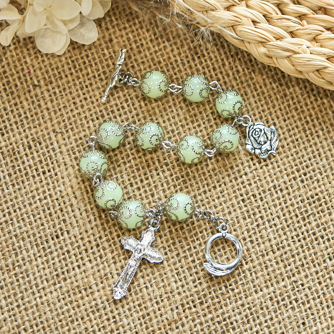 Christianartworkshop Green Beads Crucifix Rose Luminous Bracelet: Dreamy Light of Faith - image 2