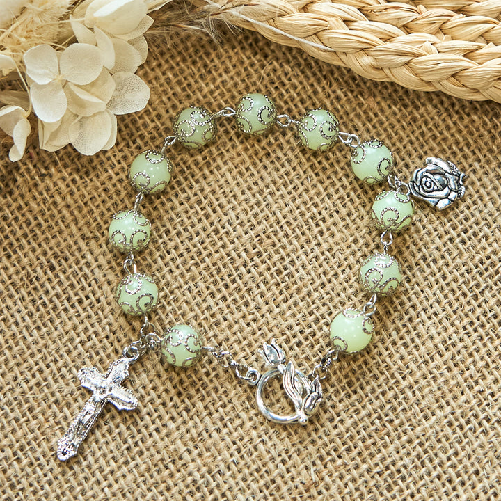 Christianartworkshop Green Beads Crucifix Rose Luminous Bracelet: Dreamy Light of Faith