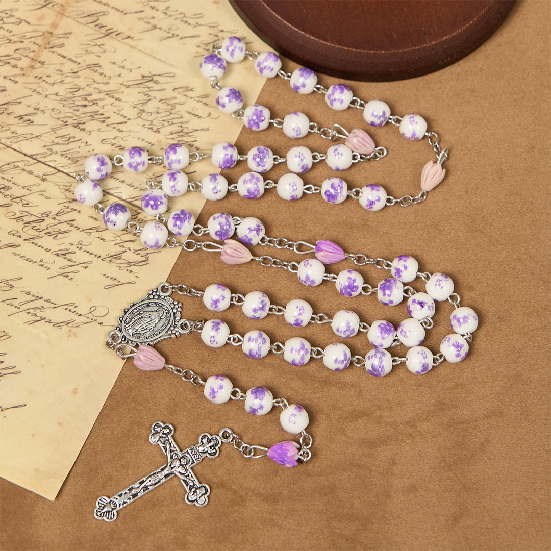 Christianartworkshop Miraculous Medal & Crucifix of 8mm Ceramics Beads Handmade Rosary
