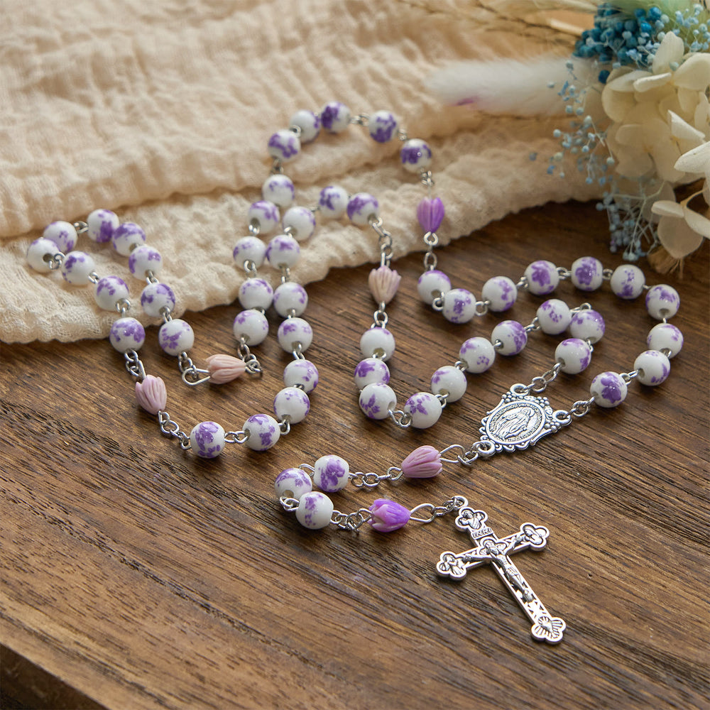 Christianartworkshop PRAYERFUL FAITH: Handmade Purple Flower Beads Rosary with Gift Card - image 2