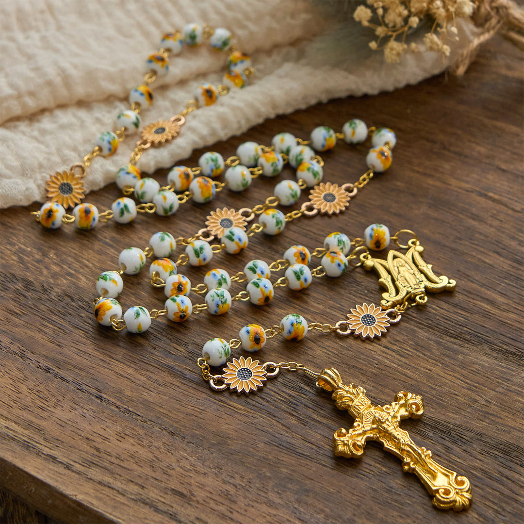 Christianartworkshop Handmade Sunflower-Inspired Rosary: A Divine Creation with Yellow Floral Beads - image 8