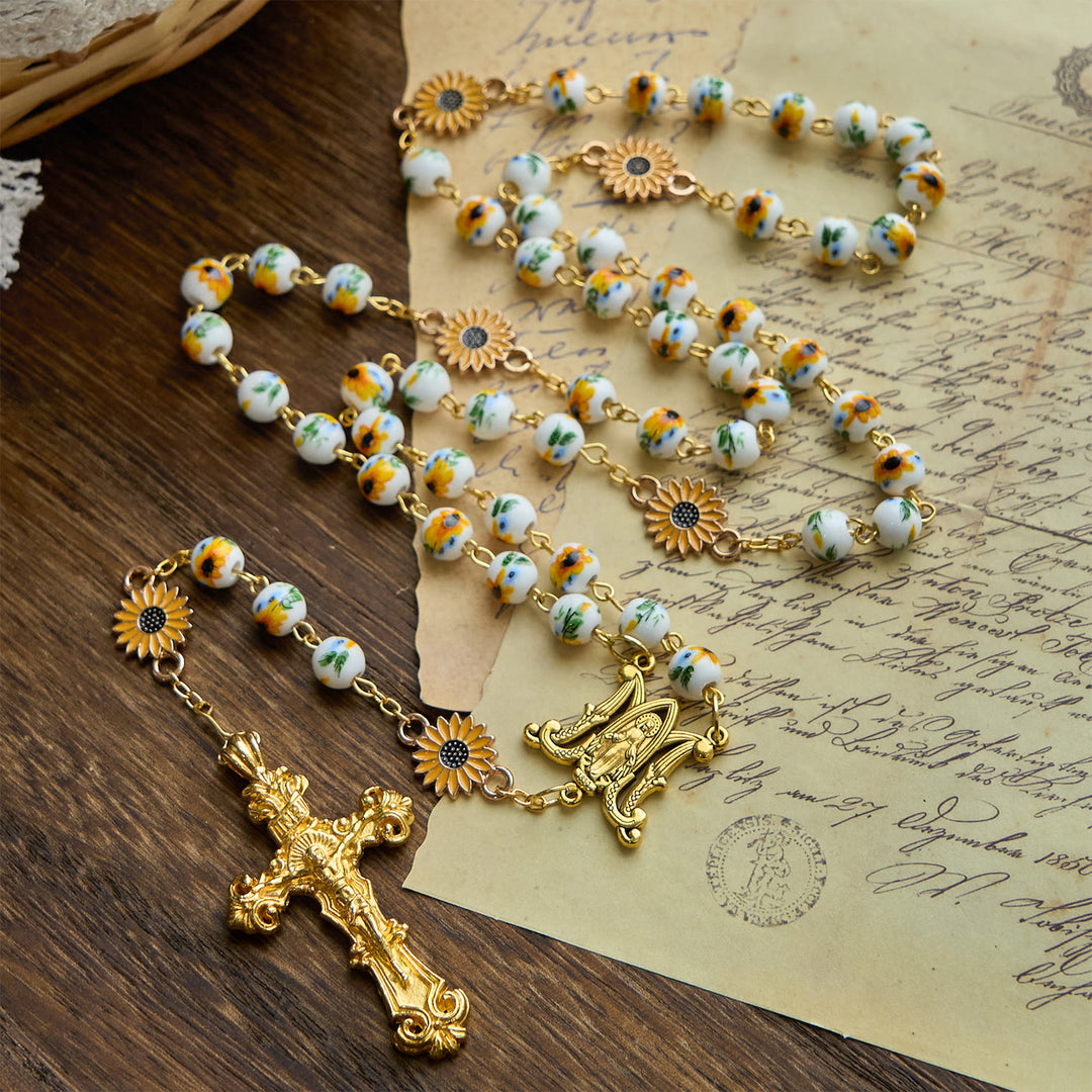Christianartworkshop Handmade Sunflower-Inspired Rosary: A Divine Creation with Yellow Floral Beads - image 4