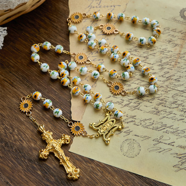 Christianartworkshop Handmade Sunflower-Inspired Rosary: A Divine Creation with Yellow Floral Beads - image 4