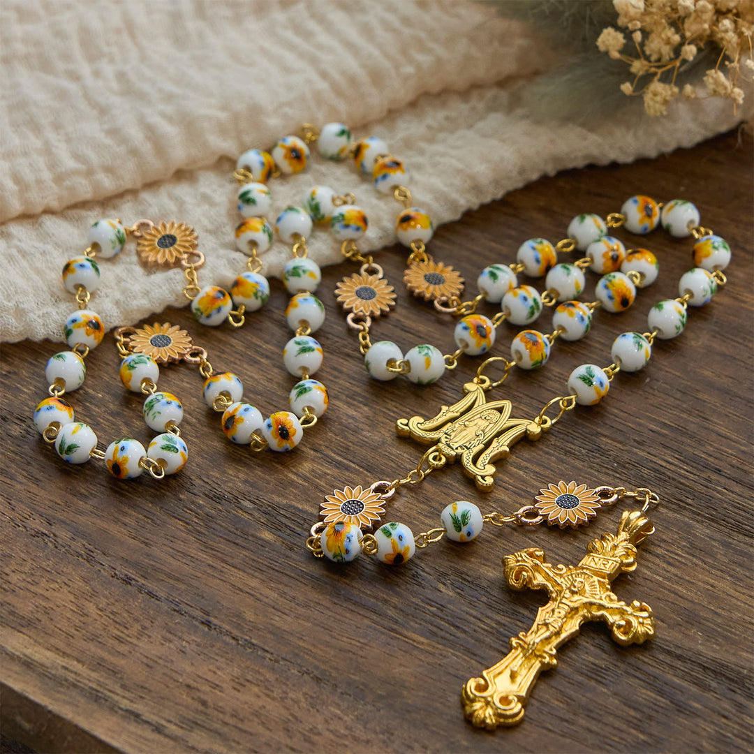 Christianartworkshop Handmade Sunflower-Inspired Rosary: A Divine Creation with Yellow Floral Beads - image 3