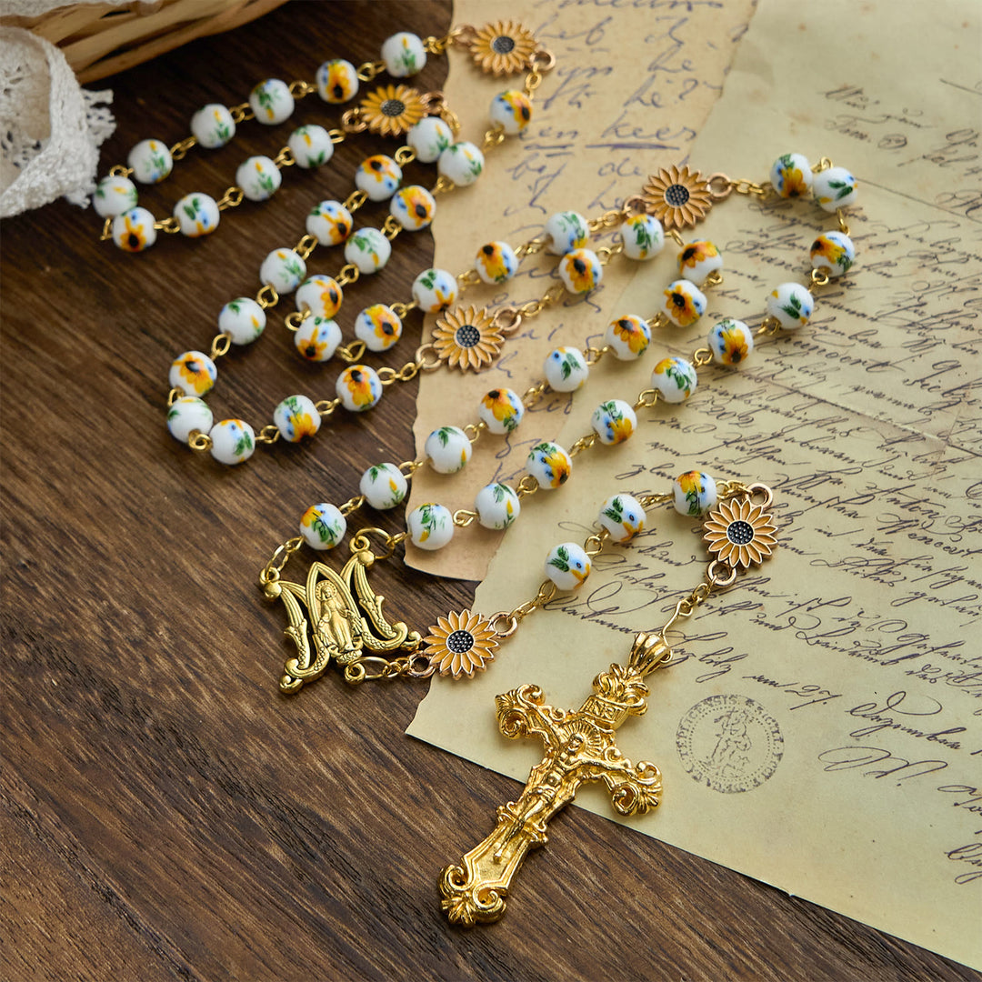 Christianartworkshop Handmade Sunflower-Inspired Rosary: A Divine Creation with Yellow Floral Beads - Sunshine Sunflower - image 1