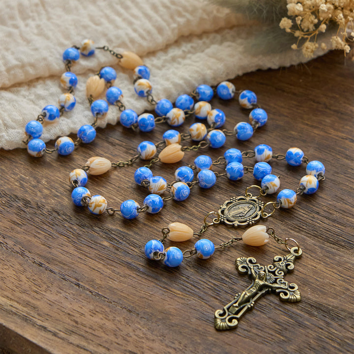 Christianartworkshop Jesus Is The Gift: Handmade Floral Rosary with Blue Rose Beads & Lily of Valley - image 10