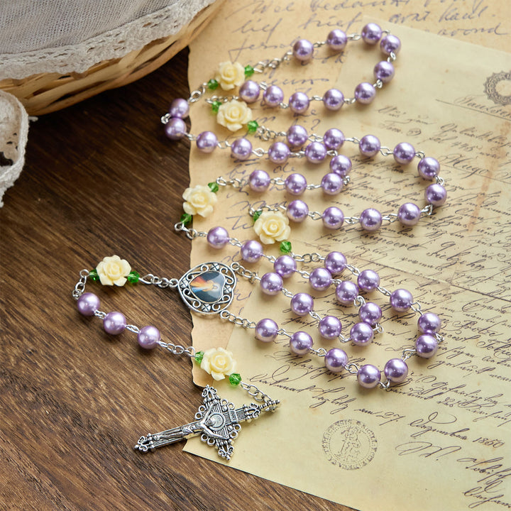 Christianartworkshop PRAYERFUL FAITH: Handmade Purple Pearl & Flower Divine Mercy Rosary with Gift Card - image 3