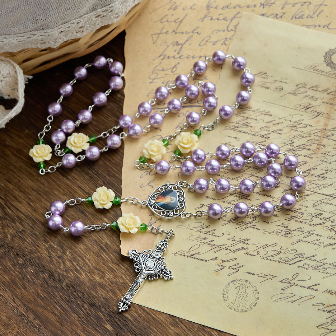 Christianartworkshop PRAYERFUL FAITH: Handmade Purple Pearl & Flower Divine Mercy Rosary with Gift Card - image 5