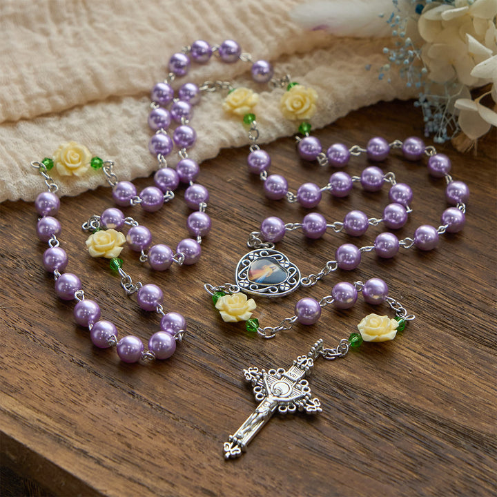 Christianartworkshop PRAYERFUL FAITH: Handmade Purple Pearl & Flower Divine Mercy Rosary with Gift Card - image 4
