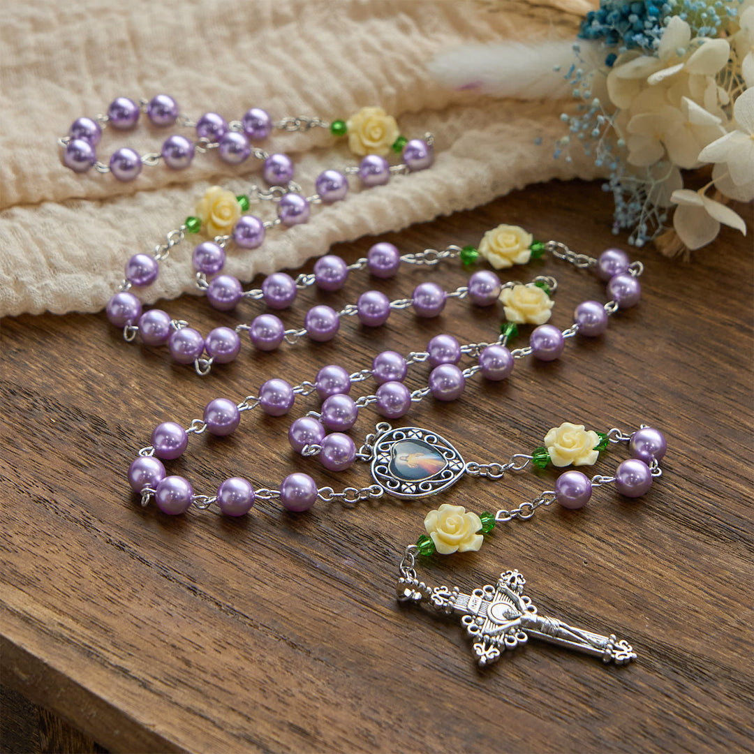Christianartworkshop PRAYERFUL FAITH: Handmade Purple Pearl & Flower Divine Mercy Rosary with Gift Card - image 6