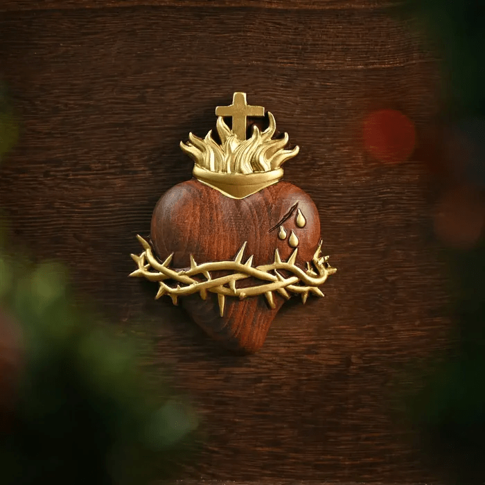 Christianartworkshop Sacred Heart Pendant Hand-carved From Wood - Outline in Gold - C - 10cm - image 4