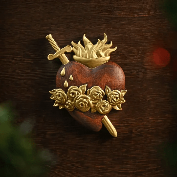 Christianartworkshop Sacred Heart Pendant Hand-carved From Wood - Outline in Gold - A - 10cm - image 2