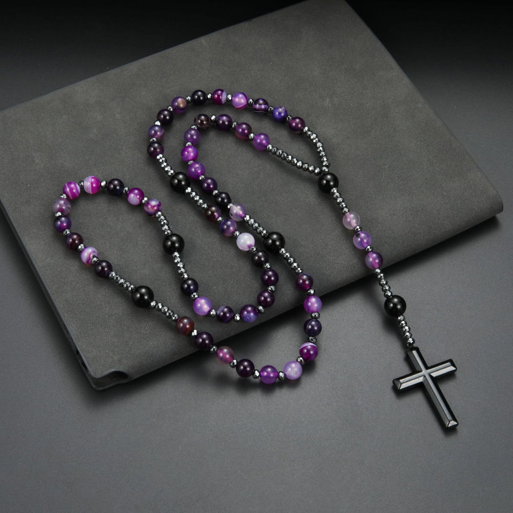 Christianartworkshop 8mm Purple Agate Natural Stone Cross Rosary - image 2