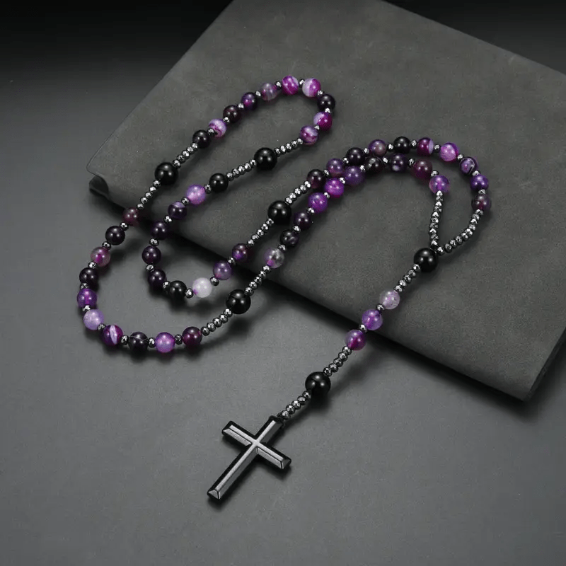 Christianartworkshop 8mm Purple Agate Natural Stone Cross Rosary - image 3