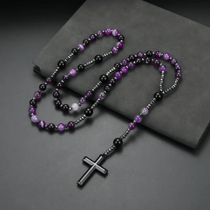 Christianartworkshop 8mm Purple Agate Natural Stone Cross Rosary - image 3