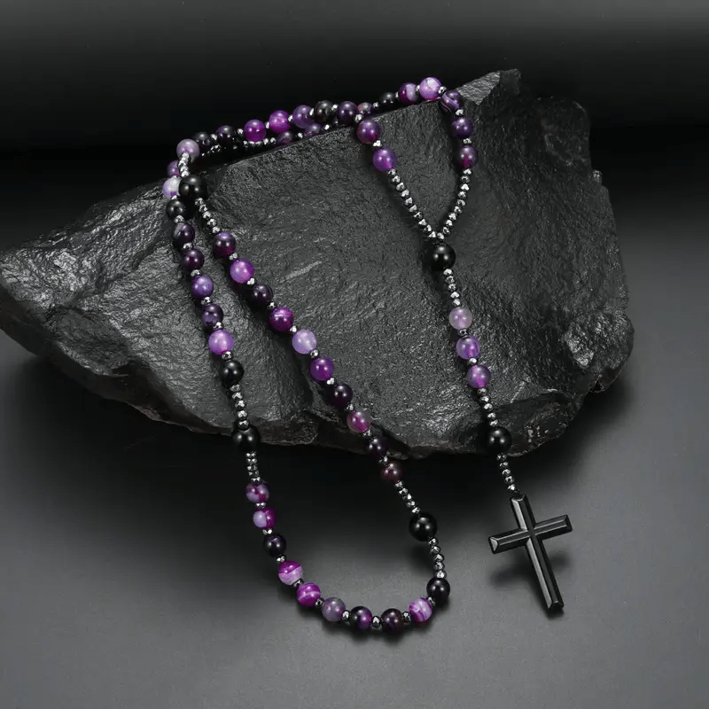 Christianartworkshop 8mm Purple Agate Natural Stone Cross Rosary - Purple Agate - image 1