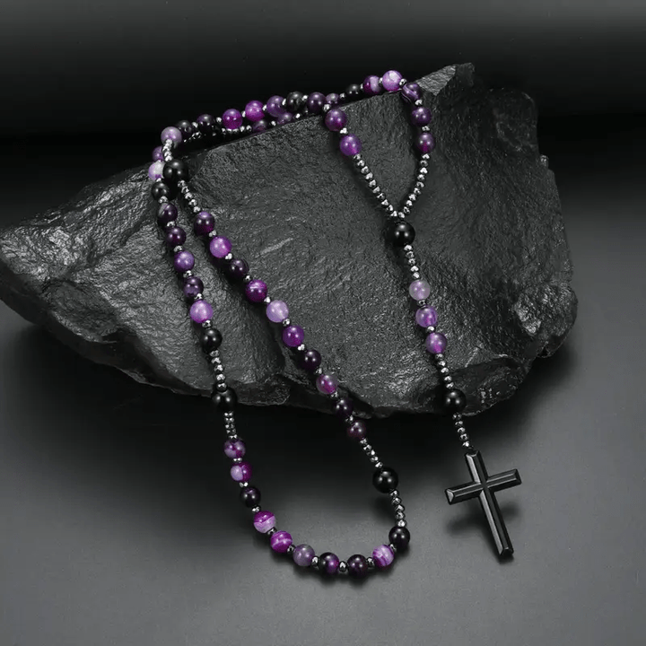 Christianartworkshop 8mm Purple Agate Natural Stone Cross Rosary - Purple Agate - image 1