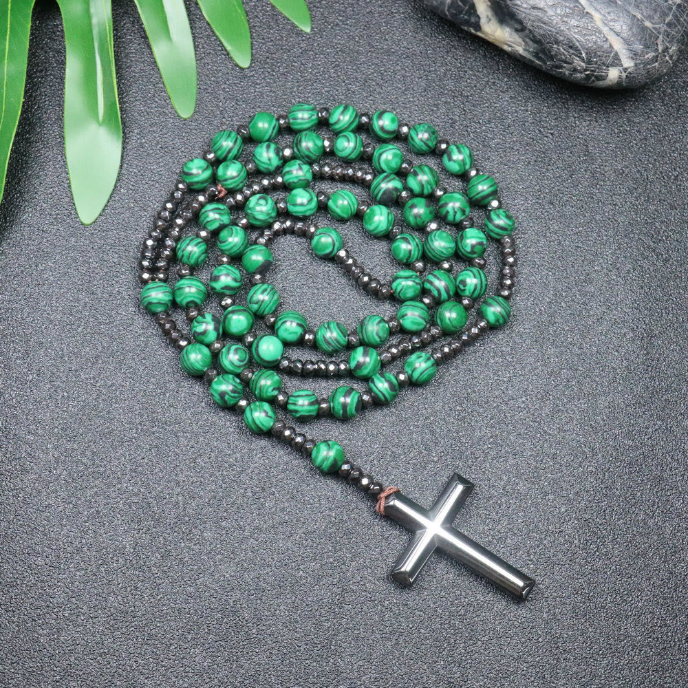 Christianartworkshop 8mm Malachite Beads Iron Gallstone Cross Rosary - Malachite beads - image 1