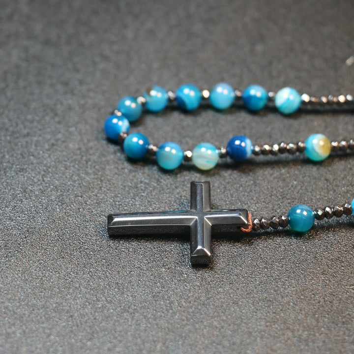 Christianartworkshop 8mm Striped Blue Agate Natural Stone Beads Iron Gallstone Cross Rosary - image 4