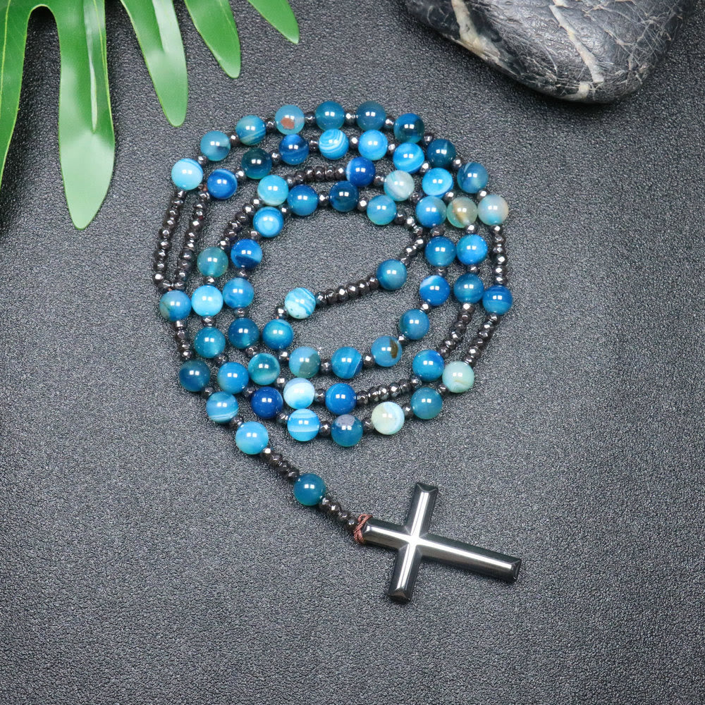 Christianartworkshop 8mm Striped Blue Agate Natural Stone Beads Iron Gallstone Cross Rosary - Striped Blue Agate - image 1