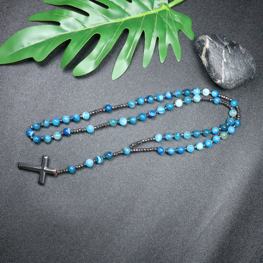 Christianartworkshop 8mm Striped Blue Agate Natural Stone Beads Iron Gallstone Cross Rosary - image 2