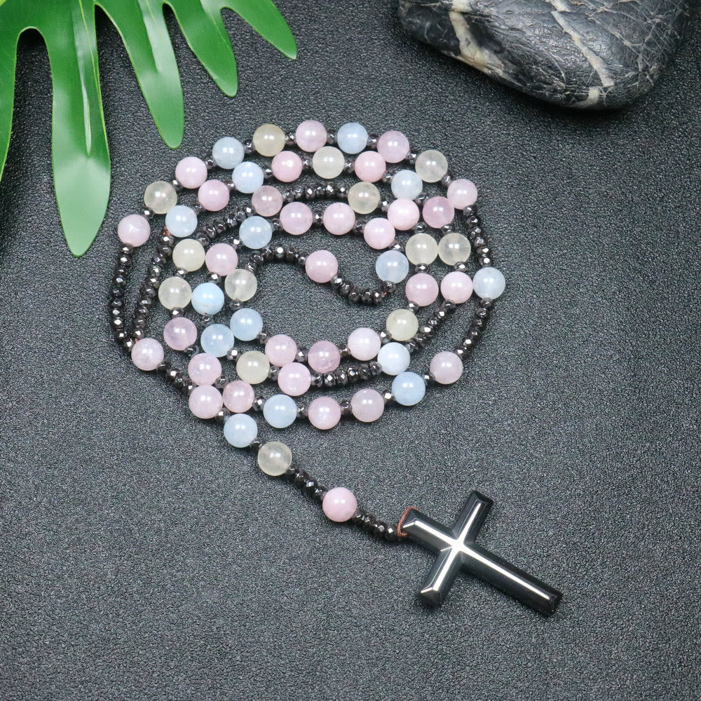 Christianartworkshop 8mm Morganite Beads Iron Gallstone Cross Rosary - Morganite beads - image 1