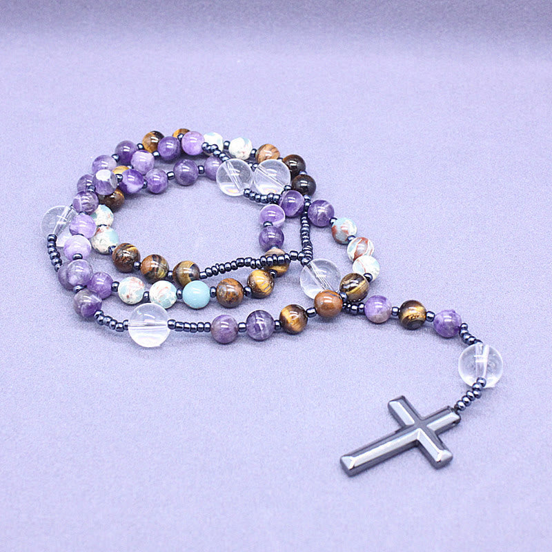 Christianartworkshop 8mm Natural Amethyst Tiger Eye Stone Agate Cross Rosary - image 2