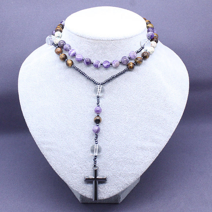Christianartworkshop 8mm Natural Amethyst Tiger Eye Stone Agate Cross Rosary - image 3