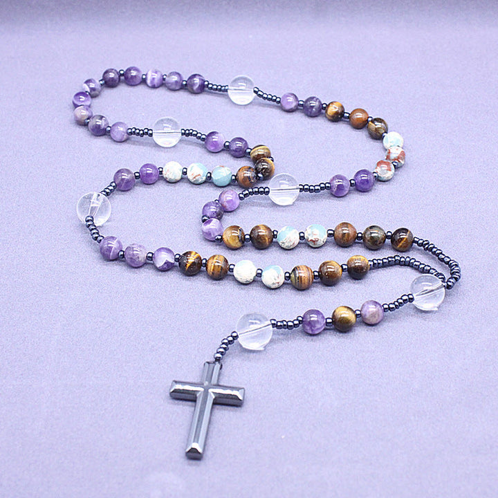 Christianartworkshop 8mm Natural Amethyst Tiger Eye Stone Agate Cross Rosary - 8mm - image 1