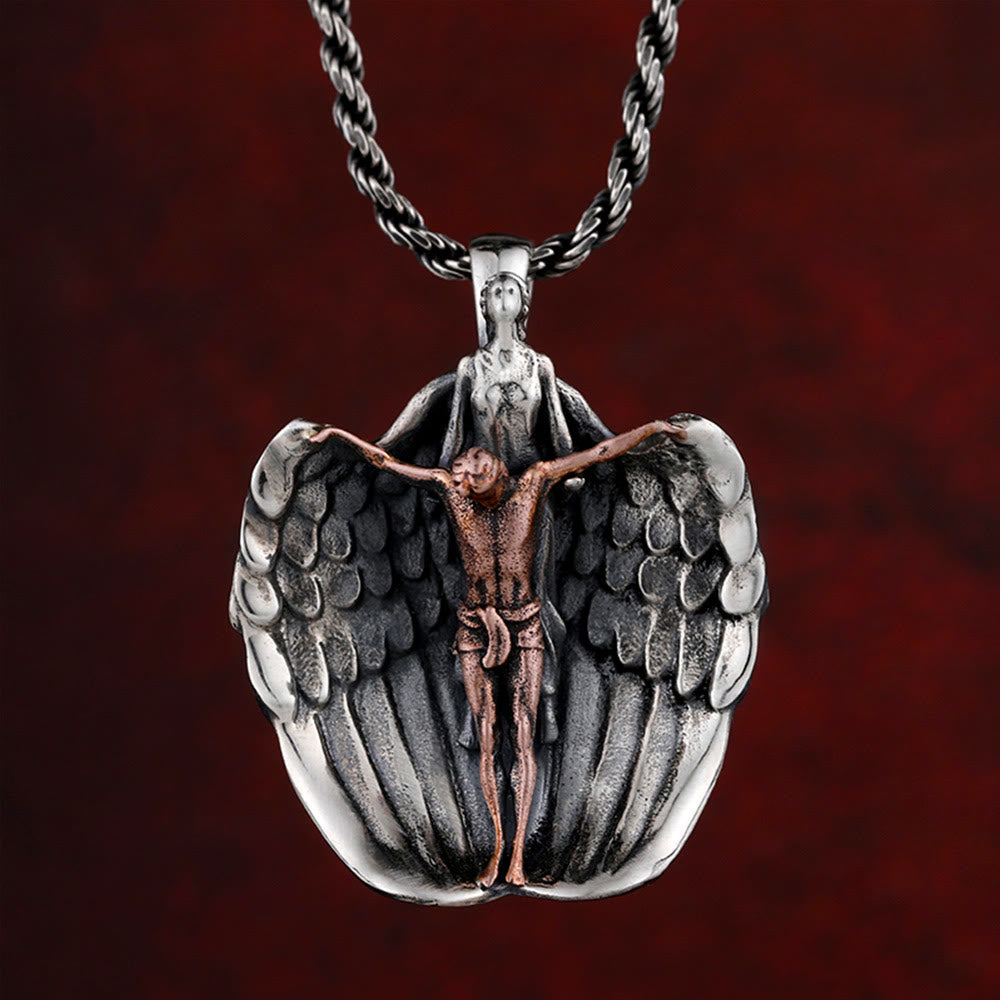 Christianartworkshop 925 Sterling Silver Crucifix with Angel Wings Vintage Necklace: Distinctive Emblem of Divine Grace - 925 Sterling Silver - image 0
