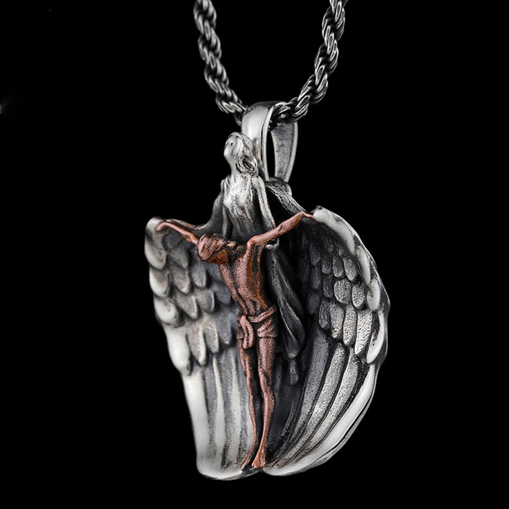 Christianartworkshop 925 Sterling Silver Crucifix with Angel Wings Vintage Necklace: Distinctive Emblem of Divine Grace - image 1
