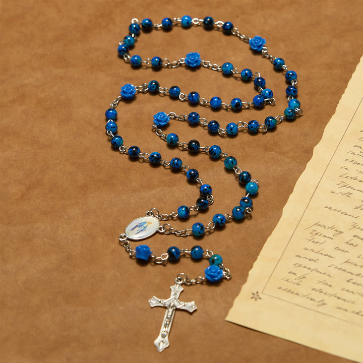 Christianartworkshop Royal Blue Stone Beads Rose of Miraculous Medal & Crucifix Prayer Rosary