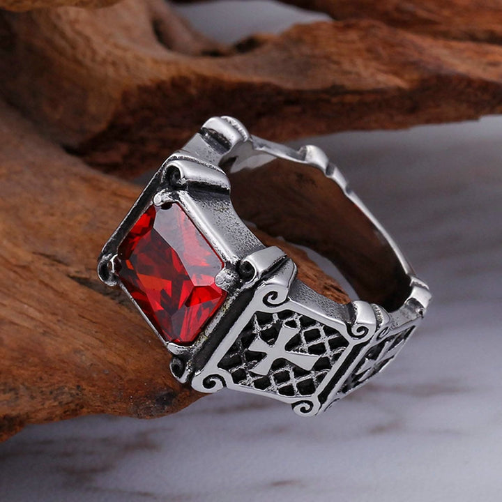 Christianartworkshop Red & Black Gemstone Cross - Embellished Couple Ring: A Symbol of Faith and Style - Red - US14 - image 0
