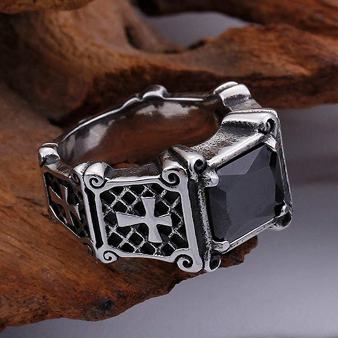 Christianartworkshop Red & Black Gemstone Cross - Embellished Couple Ring: A Symbol of Faith and Style - Black - US14 - image 1