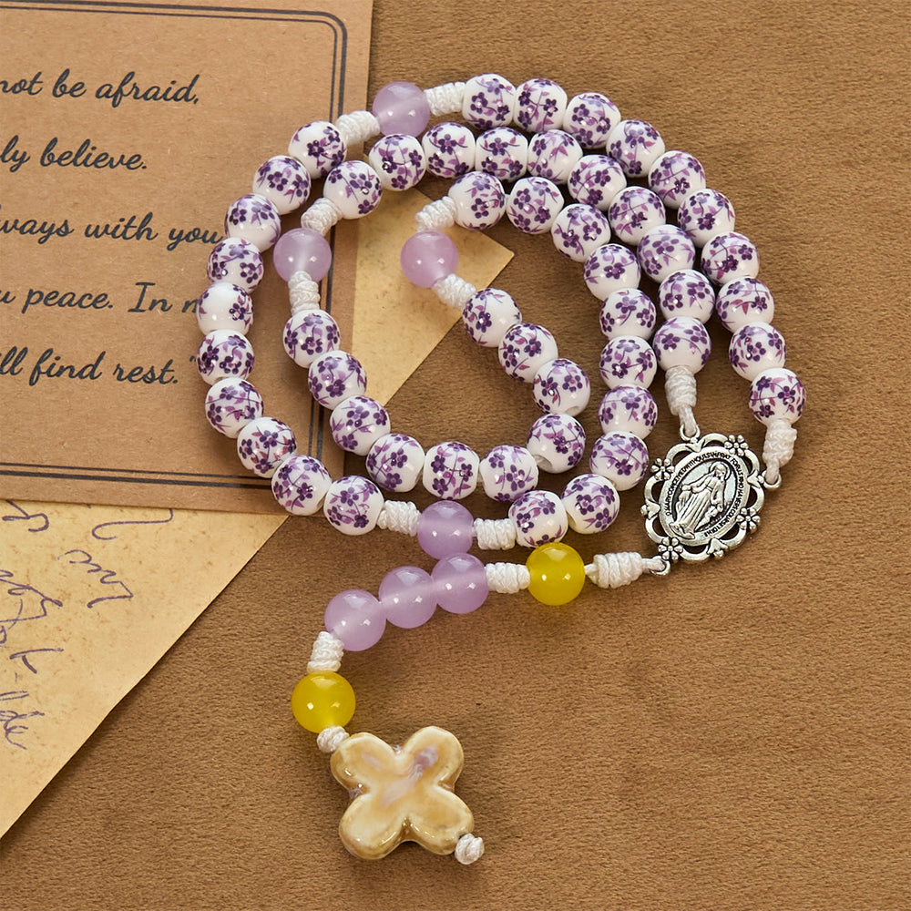 Christianartworkshop Miraculous Medal & Cross of 8mm Flower Ceramic Beads Handmade Rosary for Holy Prayer - image 1