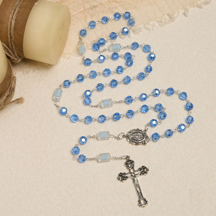 Christianartworkshop Handmade Crucifix Blue Crystal & Glass Our Lady Beads Divine Grace Rosary