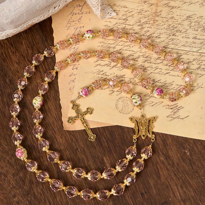 Christianartworkshop Pink Crystal Beads with Golden Alloy Chain Crucifix & Virgin Mary Prayer Rosary