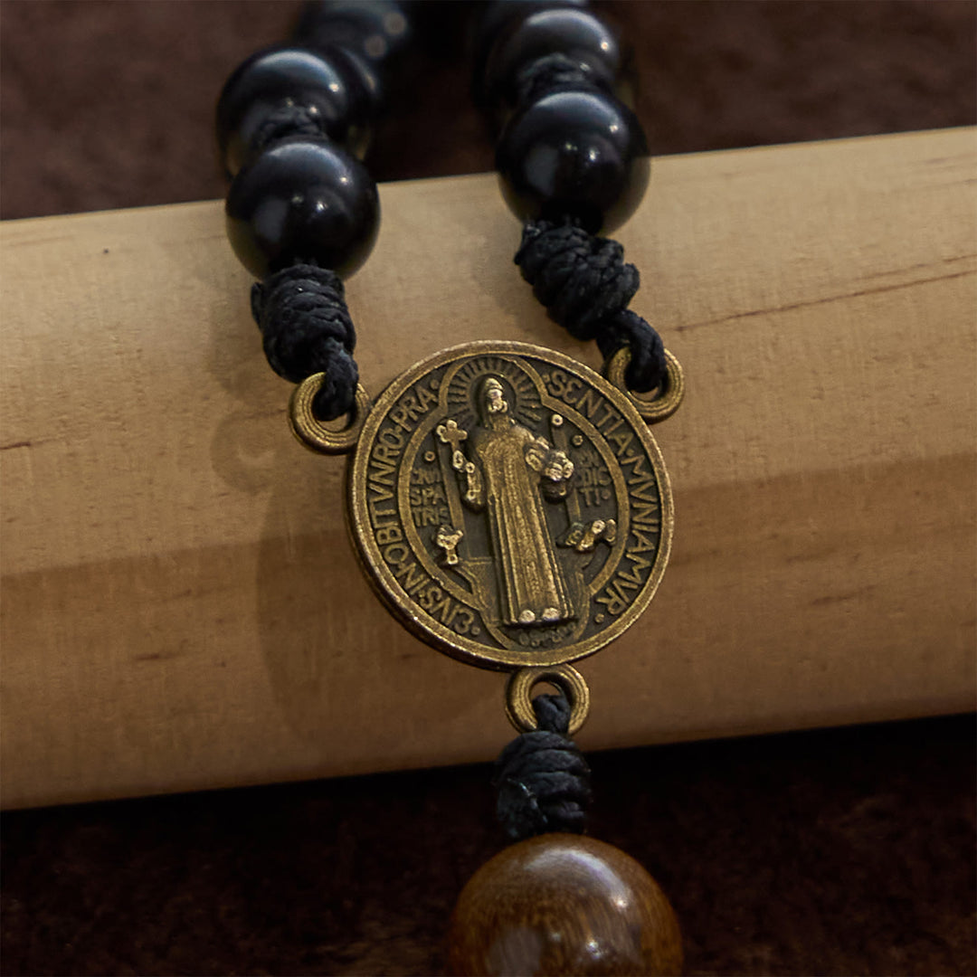 Christianartworkshop St. Benedict Medal & Crucifix of Black Wooden Round Beads Blessed Devotion Rosary