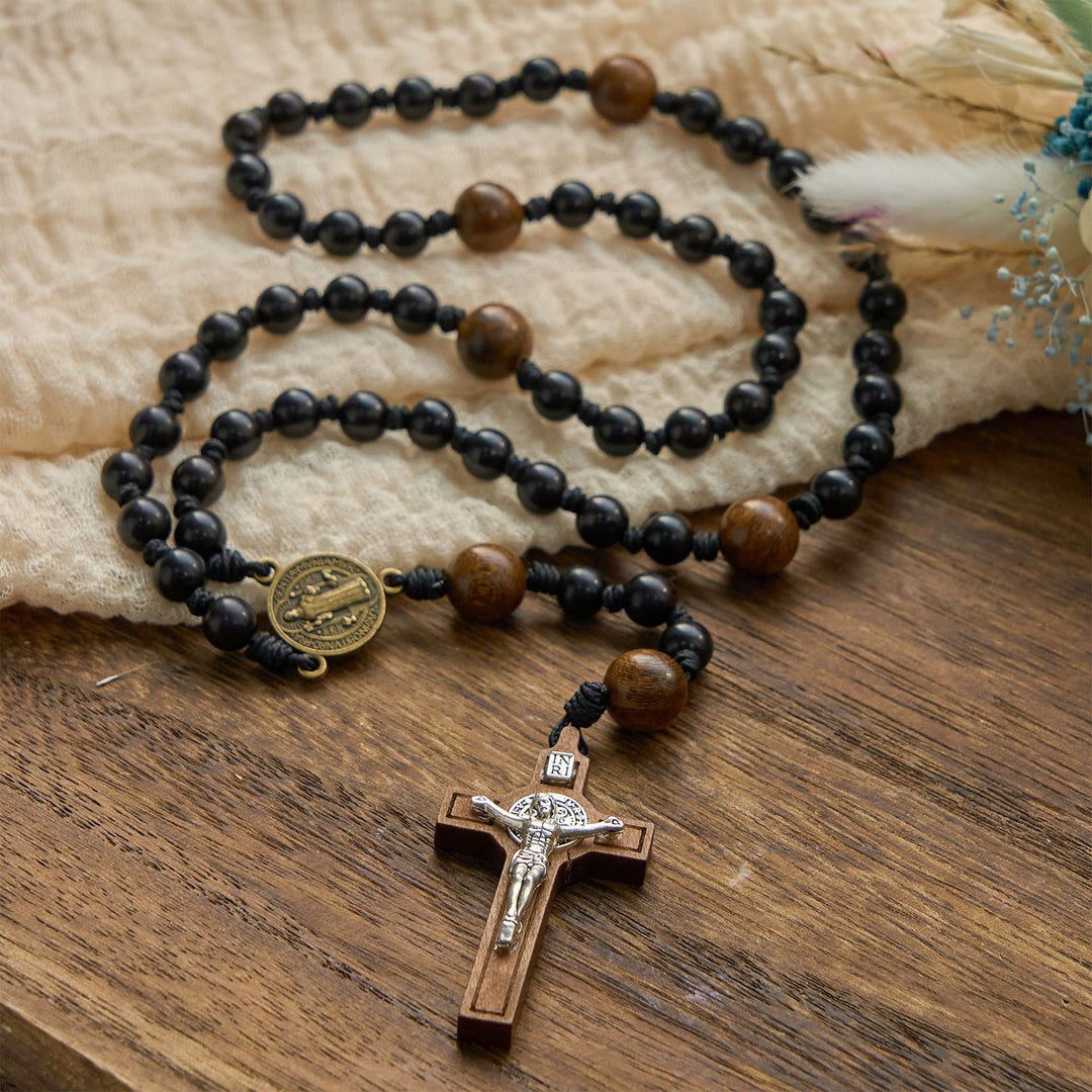 Christianartworkshop St. Benedict Medal & Crucifix of Black Wooden Round Beads Blessed Devotion Rosary