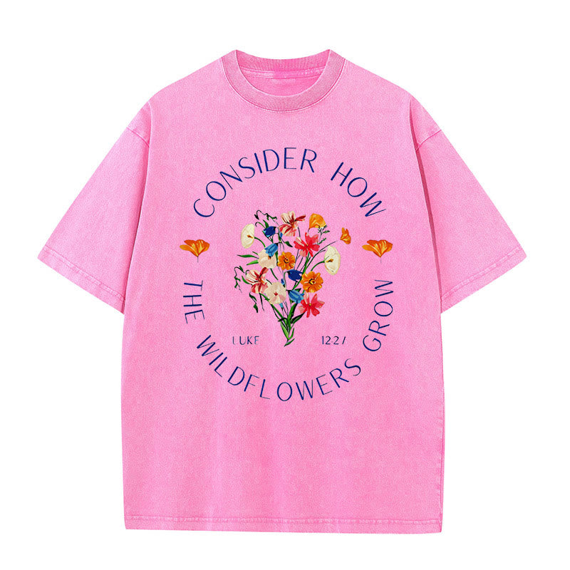 Christianartworkshop "Consider How The Wildflowers Grow" Unisex Washed T-Shirt - Pink - 5XL - image 5
