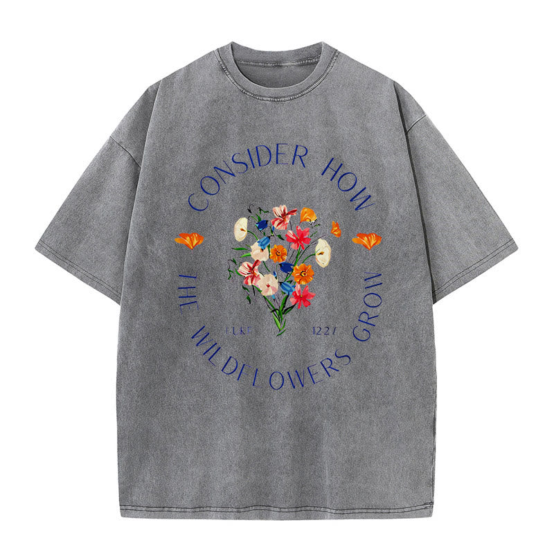 Christianartworkshop "Consider How The Wildflowers Grow" Unisex Washed T-Shirt - Grey - 5XL - image 2