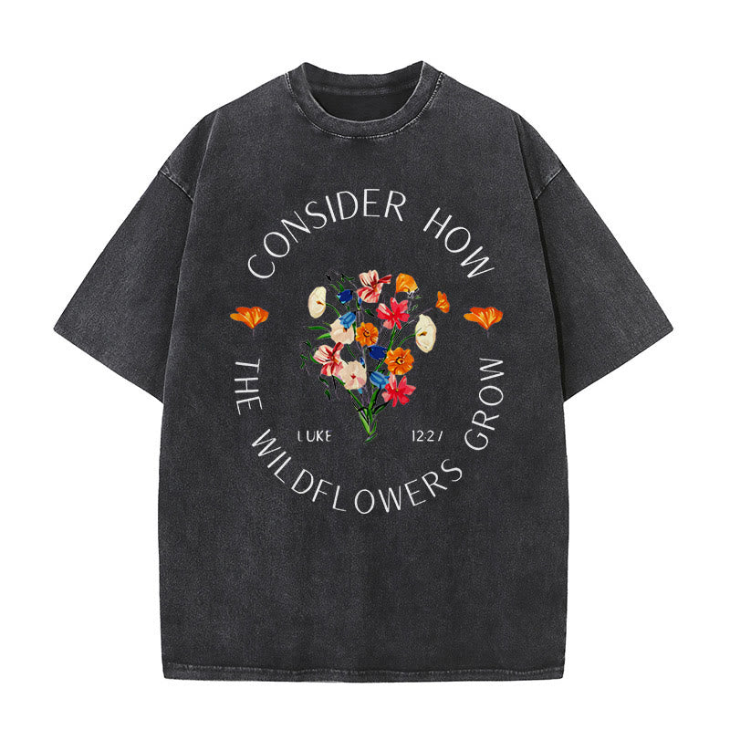 Christianartworkshop "Consider How The Wildflowers Grow" Unisex Washed T-Shirt - Black - 5XL - image 0