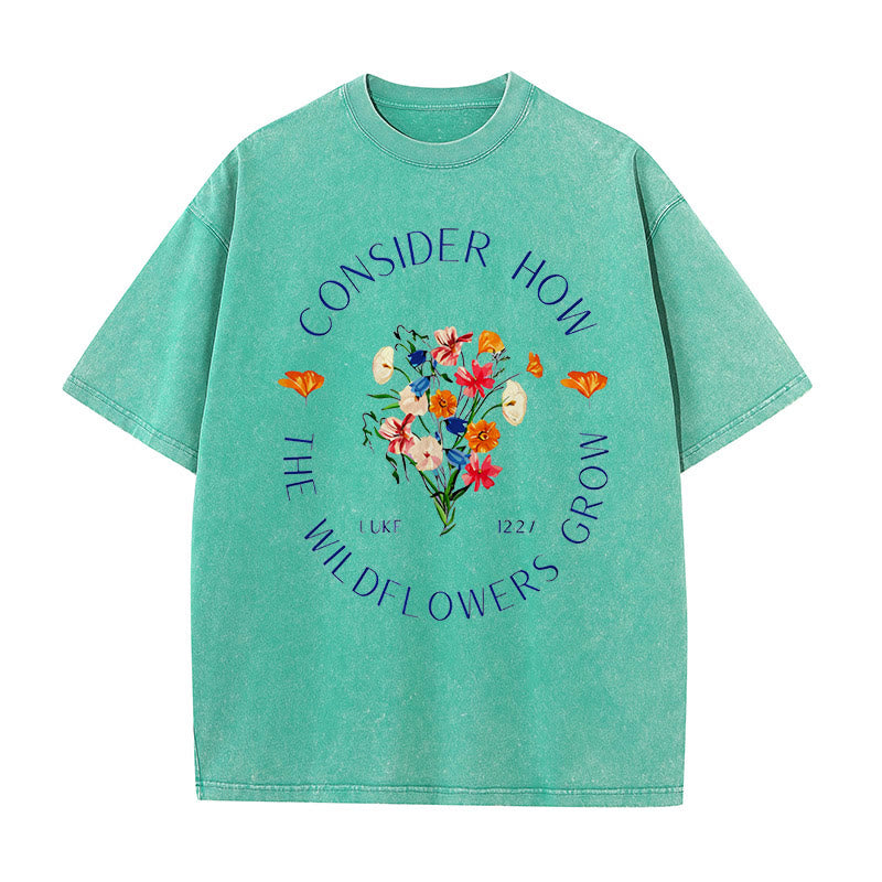 Christianartworkshop "Consider How The Wildflowers Grow" Unisex Washed T-Shirt - Green - 5XL - image 8