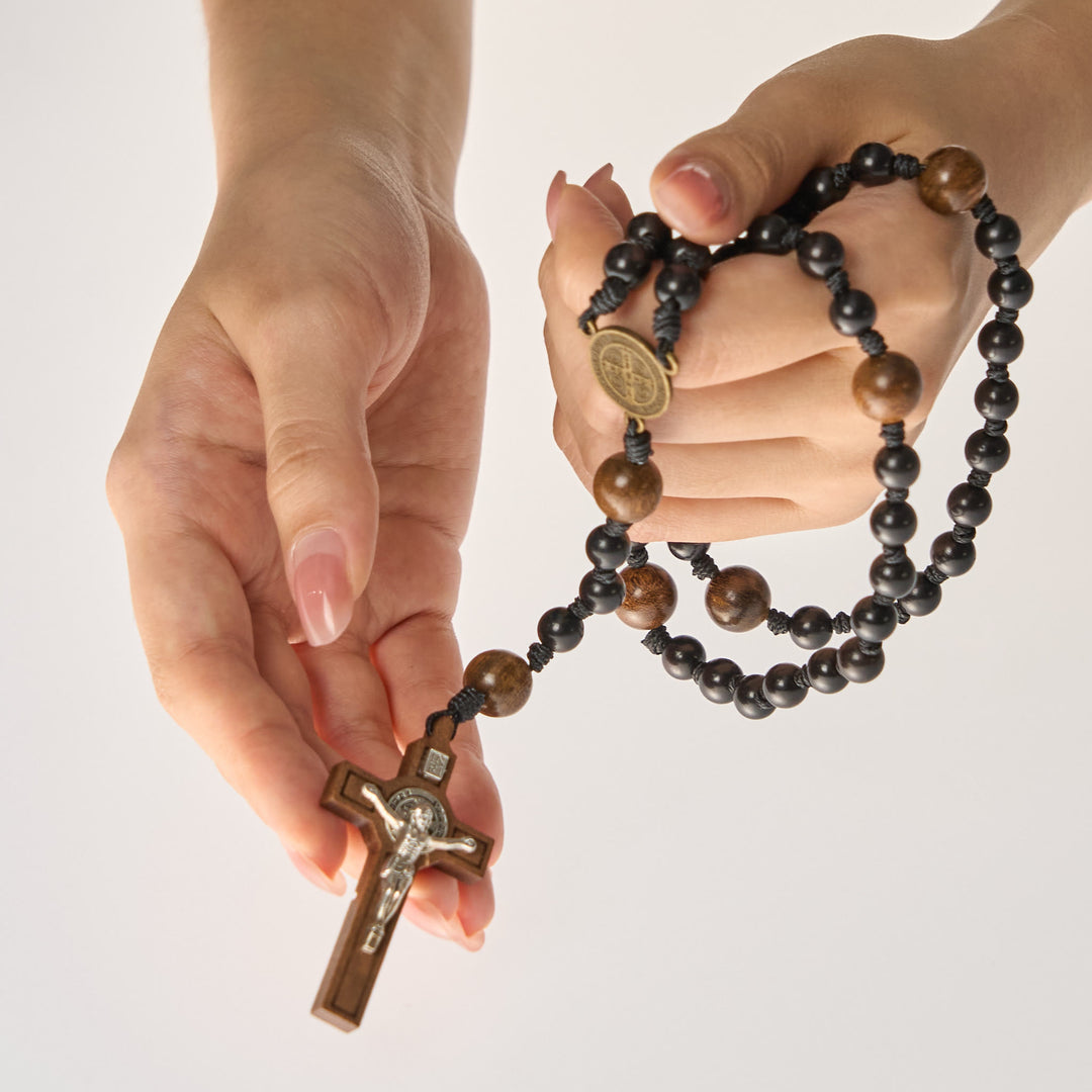 Christianartworkshop St. Benedict Medal & Crucifix of Black Wooden Round Beads Blessed Devotion Rosary