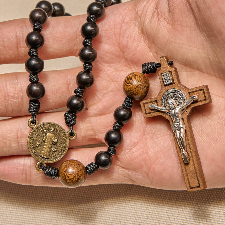 Christianartworkshop St. Benedict Medal & Crucifix of Black Wooden Round Beads Blessed Devotion Rosary