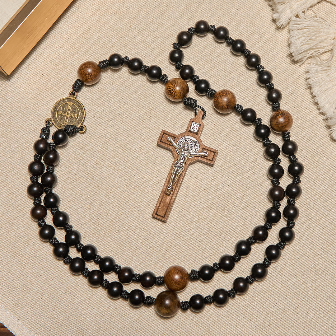 Christianartworkshop St. Benedict Medal & Crucifix of Black Wooden Round Beads Blessed Devotion Rosary