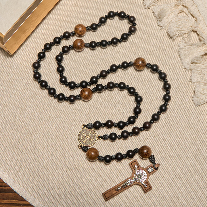 Christianartworkshop St. Benedict Medal & Crucifix of Black Wooden Round Beads Blessed Devotion Rosary