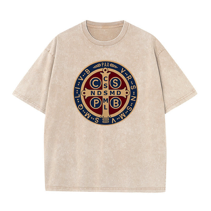 Christianartworkshop St. Benedict Medal Holy Cross Unisex Washed T-Shirt - Apricot - 5XL - image 6