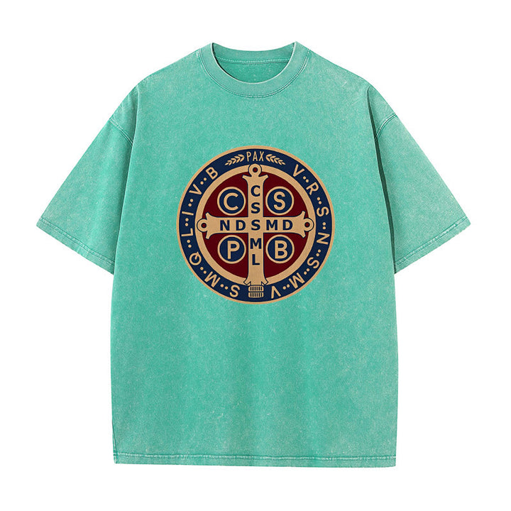Christianartworkshop St. Benedict Medal Holy Cross Unisex Washed T-Shirt - Green - 5XL - image 8