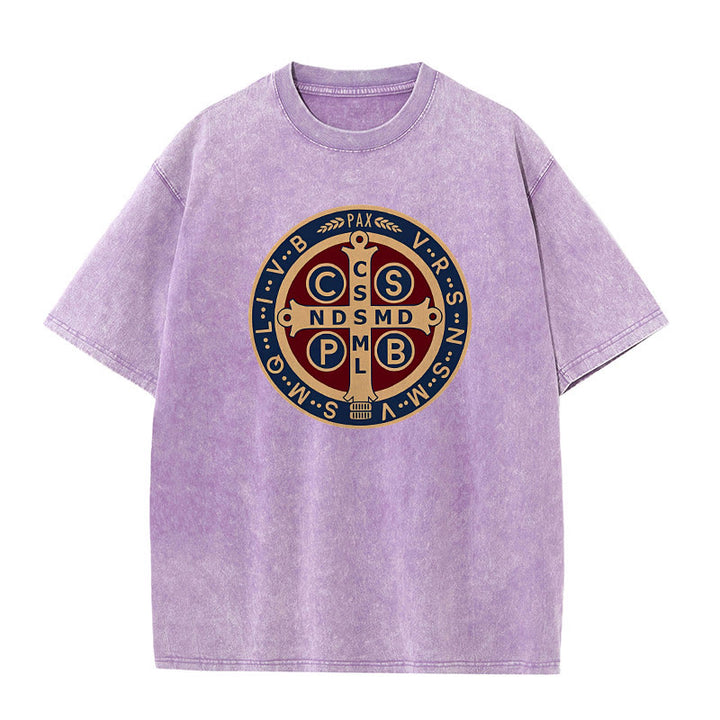Christianartworkshop St. Benedict Medal Holy Cross Unisex Washed T-Shirt - Purple - 5XL - image 7